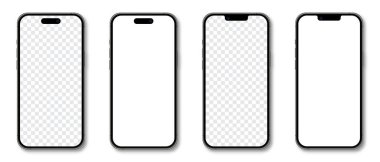 Gerçekçi modeller akıllı telefon. Akıllı telefon model koleksiyonu. Gerçekçi trend farklı modeller akıllı telefon. Detaylı model akıllı telefon. Aygıt ön görünümü. Gölgeli üç boyutlu cep telefonu. Vektör illüstrasyonu