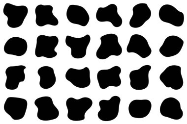Soyut sıvı şekiller ayarlandı. Düzensiz oval kütle. Fütürist şekilli mürekkep lekeleri. Sıvı elementler. Rastgele lekeler. Modern grafik elementler. Vektör illüstrasyonu