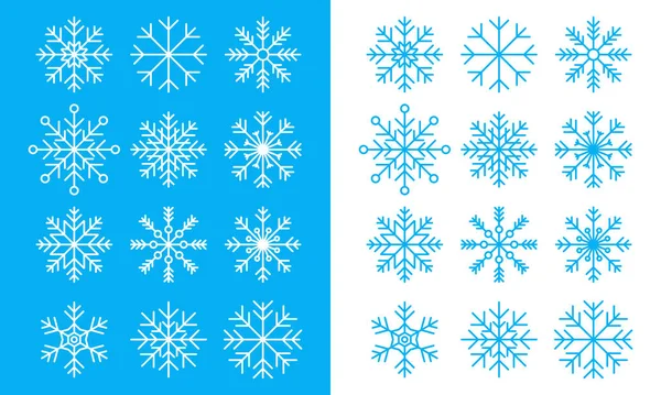 Snöflingor Linje Ikoner Blå Och Vit Bakgrund Uppsättning Blå Snöflingor — Stock vektor