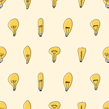 Elle çizilmiş pürüzsüz ampul deseni. Karalama tarzında farklı tavan arası lambaları. Fikir ampulü işareti deseni. Vektör illüstrasyonu