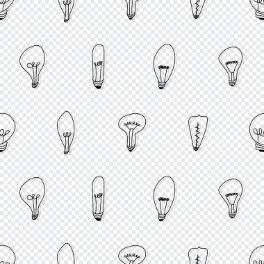 Elle çizilmiş pürüzsüz ampul deseni. Karalama tarzında farklı tavan arası lambaları. Fikir ampulü işareti deseni. Vektör illüstrasyonu