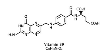 B9 vitamini folik asit moleküler yapısı. B9 vitamini folik asit iskelet kimyasal formülü. Kimyasal moleküler formüller