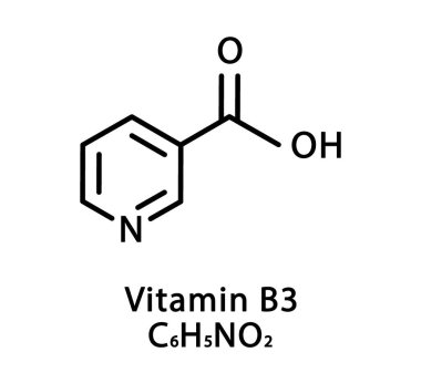 B3 vitamini Niasin moleküler yapısı. B3 vitamini Niasin iskelet kimyasal formülü. Kimyasal moleküler formüller
