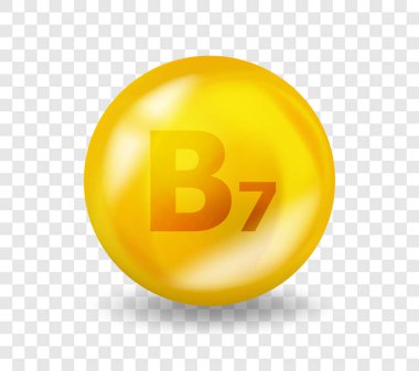 B7 vitamini Biotin. Vitamin kompleksi illüstrasyonu. B7 Biotin hap kapsülü. 3B Sarı İlaç Besleme Tasarımı
