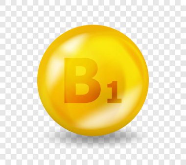 B1 Thiamine vitamini. Vitamin kompleksi illüstrasyonu. B1 Thiamine hap kapsülü. 3B Sarı İlaç Besleme Tasarımı.