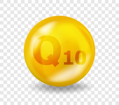 Q10 vitamini Koenzimi. Vitamin kompleksi illüstrasyonu. Q10 Ubiquinone, coenzim Q hap kapsülü. 3B Sarı İlaç Besleme Tasarımı.