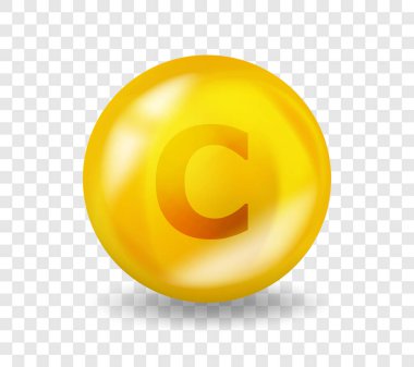 C vitamini Ascorbic asit. Vitamin kompleksi illüstrasyonu. C Ascorbic asit hapı kapsülü. 3B Sarı İlaç Besleme Tasarımı.