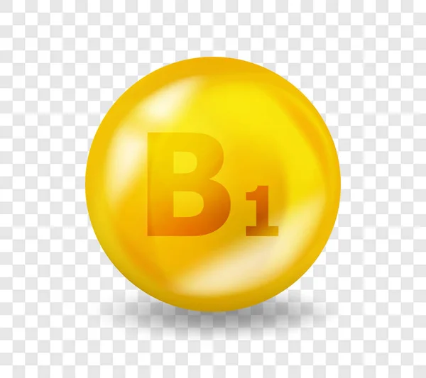 Vitamin B1 Thiamine. Vitamin konsep ilustrasi yang kompleks. B1 kapsul pil Thiamine. Desain gizi obat 3D kuning. - Stok Vektor