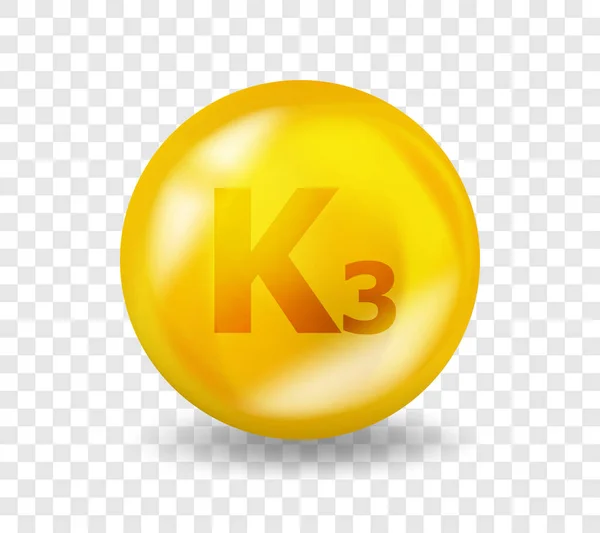 Vitamin K3 Menadione. Vitamin konsep ilustrasi yang kompleks. Kapsul pil K3 Menadione. Desain gizi obat 3D kuning. - Stok Vektor
