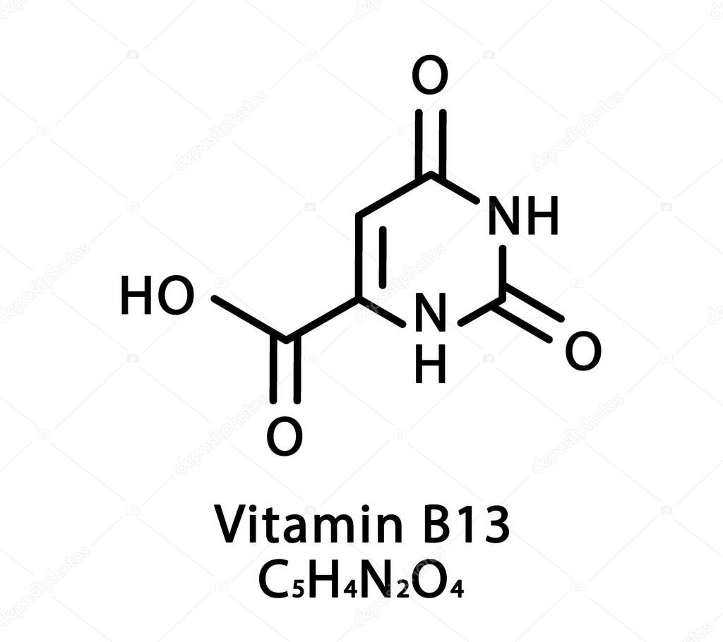 Vitamin B13 Orotic acid molecular structure. Vitamin B13 Orotic acid skeletal chemical formula. Chemical molecular formulas