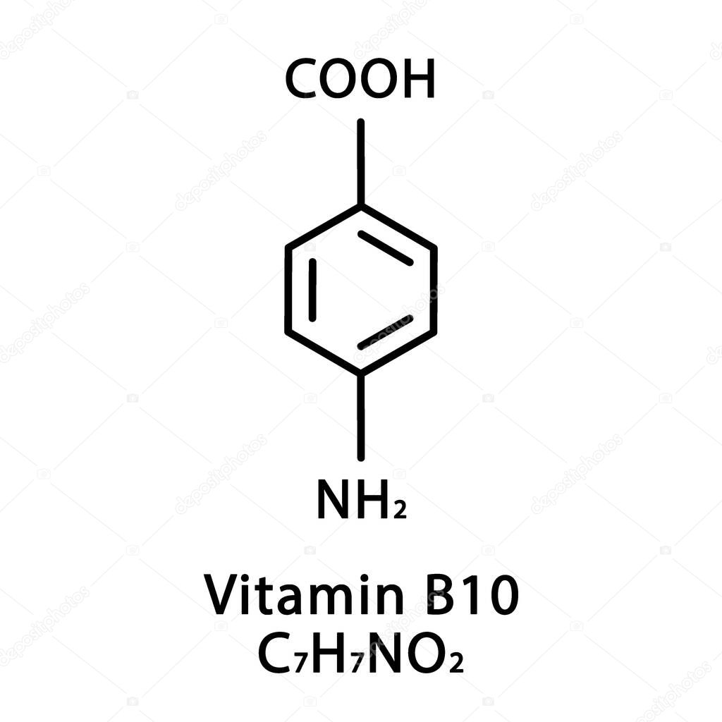 Vitamin B10 4-Aminobenzoic acid molecular structure. Vitamin B10 4-Aminobenzoic acid skeletal chemical formula. Chemical molecular formulas