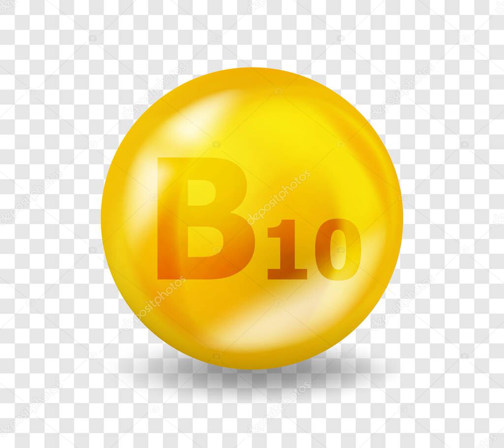 Vitamin B10 4-Aminobenzoic acid. Vitamin complex illustration concept. B10 4-Aminobenzoic acid pill capsule. 3D Yellow drug nutrition design