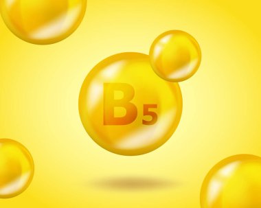 3 boyutlu vitamin düşüşü B5 Pantothenic hap kapsülü. Gerçekçi B5 Pantothenic Vitamin Kompleksi tasarımı. Sarı uyuşturucu beslenme tasarımı.