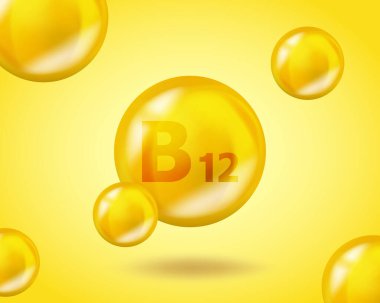 3 boyutlu vitamin düşüşü B12 siyanokobalamin hapı kapsülü. Gerçekçi B12 siyanocobalamin vitamin kompleksi tasarım çizimi. Sarı uyuşturucu beslenme tasarımı.