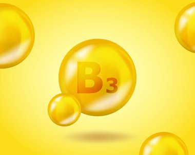 3 boyutlu vitamin düşüşü B3 Niasin hap kapsülü. Gerçekçi B3 Niacin Vitamin Kompleksi tasarım illüstrasyonu. Sarı uyuşturucu beslenme tasarımı.