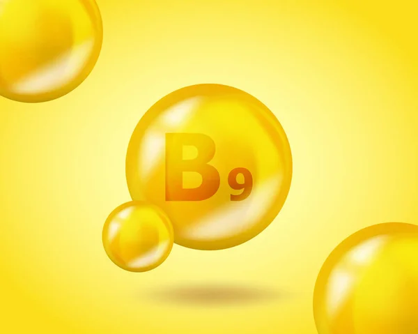 Vitamin 3D menjatuhkan kapsul pil asam folat B9. Ilustrasi desain kompleks asam folat B9 yang realistis. Desain gizi obat kuning. - Stok Vektor
