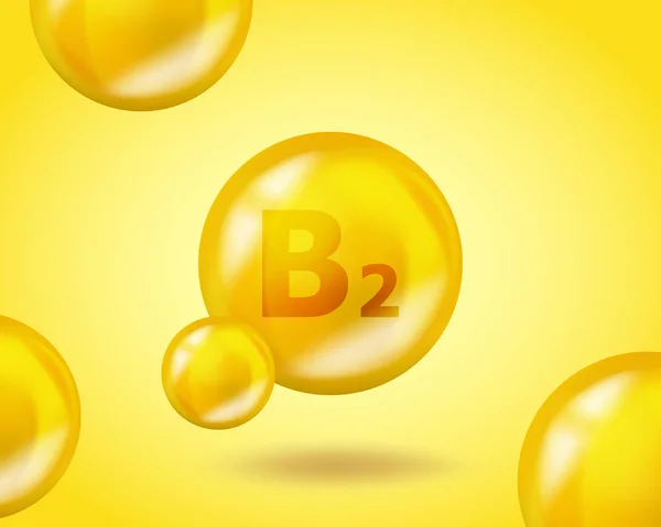 Goutte de vitamine 3D B2 Riboflavine pilule capsule. Illustration réaliste du design complexe B2 Riboflavin Vitamin. Design nutritionnel jaune du médicament. — Image vectorielle