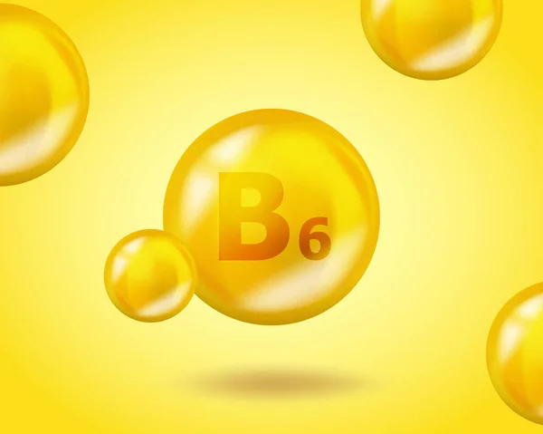 3D Goutte de vitamine B6 Pyridoxine pilule capsule. Illustration réaliste du design complexe de vitamines B6 Pyridoxine. Design nutritionnel jaune du médicament. — Image vectorielle