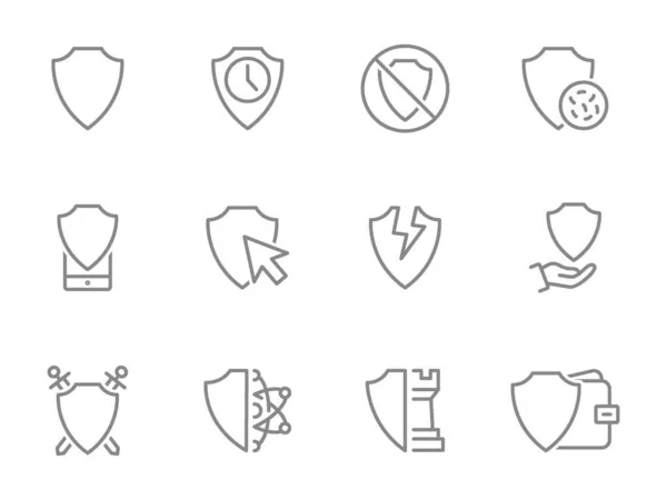 Conjunto de iconos de línea de defensa. Protector, escudo, protección, seguridad, caja fuerte y más. — Vector de stock