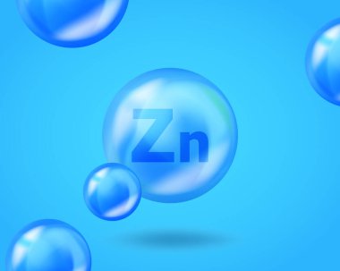 3D Mineral Zn Çinko hap kapsülü. Güzellik, kozmetik ve sağlık reklamları için mavi beslenme tasarımı. Gerçekçi mineral Zn çinko tasarımı