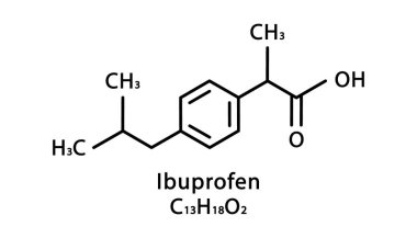 İbuprofen moleküler yapısı. İbuprofen iskelet kimyasal formülü. Kimyasal moleküler formül vektör çizimi