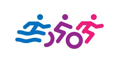 Triatlon logosu. Basit bir spor logosu tasarım şablonu. Yüzme, koşma ve bisiklet sembolleri.