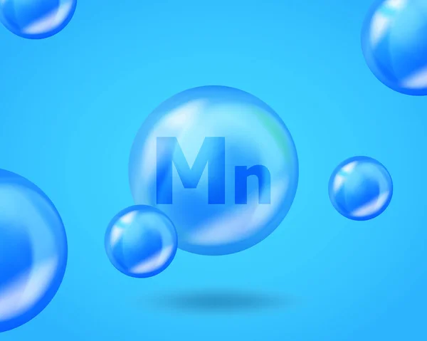 3D Mineral Mn Manganese menjatuhkan kapsul pil. Blue nutrisi desain untuk kecantikan, kosmetik, kesehatan iklan. Desain mineral Mn Manganese yang realistis - Stok Vektor
