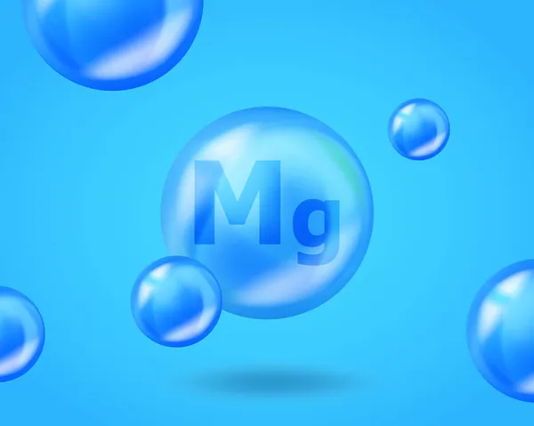3D Mineral Mg Magnesium menjatuhkan kapsul pil. Blue nutrisi desain untuk kecantikan, kosmetik, kesehatan iklan. Desain mineral Mg Magnesium yang realistis - Stok Vektor