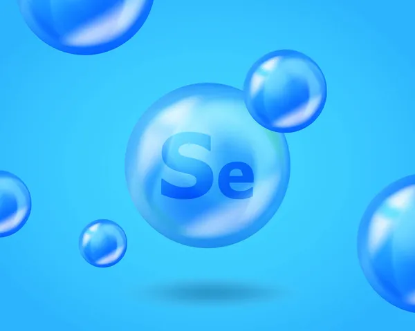 Capsule de pilule de goutte de sélénium 3D Mineral Se. Design nutritionnel bleu pour la publicité beauté, cosmétique, santé. Minéral réaliste Se Sélénium design — Image vectorielle