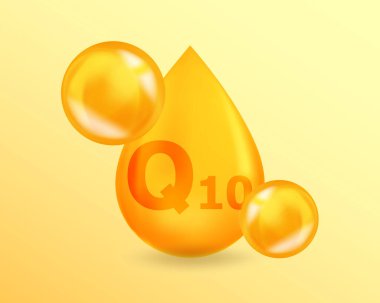 Q10 vitamini Ubiquinone. Gerçekçi vitamin düşüşü Q10 Ubiquinone tasarımı. 3 Boyutlu Vitamin Karmaşık Çizim.