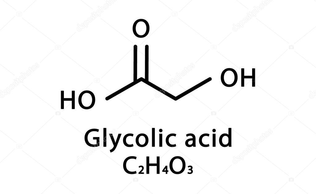 Glycolic acid molecular structure. Hydroacetic acid skeletal chemical formula. Chemical molecular formula vector illustration