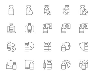 Bir dizi koronavirüs aşısı çizgisi ikonu. Tıbbi ampul, aşı, küresel aşılama, serum, covid 19 ve daha fazlası..