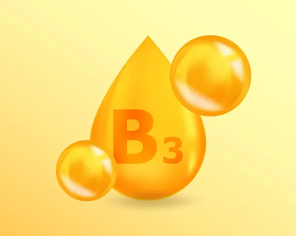 Vitamine B3 Niacine. Réaliste goutte de vitamine B3 conception niacine. 3D Vitamine concept d'illustration complexe. — Image vectorielle