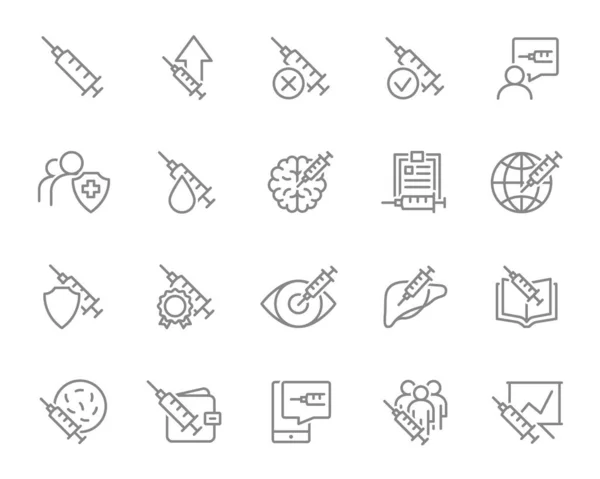 ワクチンラインのアイコンのセット。医療注射器、予防接種、予防接種、 covid 19 、世界中の免疫など. — ストックベクタ