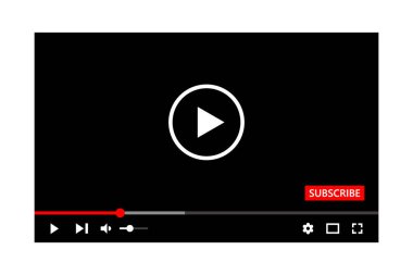 Video tam çerçeve oynatıcı ögeleri model şablonu. Sosyal medya web sayfası için çokluortam oynatıcı arayüzü.