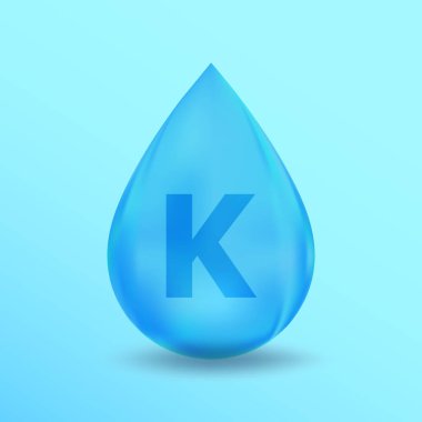 Gerçekçi Mineral Düşürme K Potasyum Tasarımı. Güzellik, kozmetik ve sağlık reklamları için mavi beslenme tasarımı. K Potasyum Mineral Tasarımı
