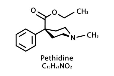 Pethidine moleküler yapısı. Pethidine iskelet kimyasal formülü. Kimyasal moleküler formül vektör çizimi