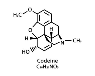 Kodein moleküler yapısı. 3 metilmorfin iskelet kimyasal formülü. Kimyasal moleküler formül vektör çizimi