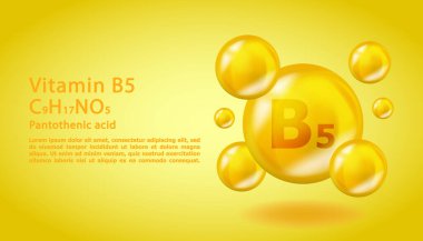 3 boyutlu vitamin molekülü B5 Pantotenik tasarım. Gerçekçi B5 Pantothenic Vitamin Düşüşü. Sarı beslenme kompleksi çizimi.