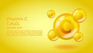 3 boyutlu vitamin molekülü C Ascorbic asit tasarımı. Gerçekçi C-Ascorbic asit vitamini düşüşü. Sarı beslenme kompleksi çizimi.