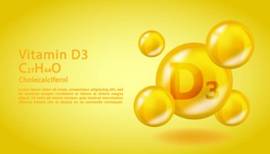 3D vitamin molekülü D3 kolealciferol tasarımı. Gerçekçi D3 kolekalciferol vitamini düşüşü. Sarı beslenme kompleksi çizimi.