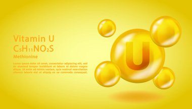 3 boyutlu vitamin molekülü U S-Methylmethionine tasarımı. Gerçekçi U S-Methylmethionine Vitamin damlası. Sarı beslenme kompleksi çizimi.