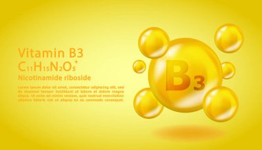 3 boyutlu vitamin molekülü B3 Niasin tasarımı. Gerçekçi B3 Niasin Vitamini damlası. Sarı beslenme kompleksi çizimi.