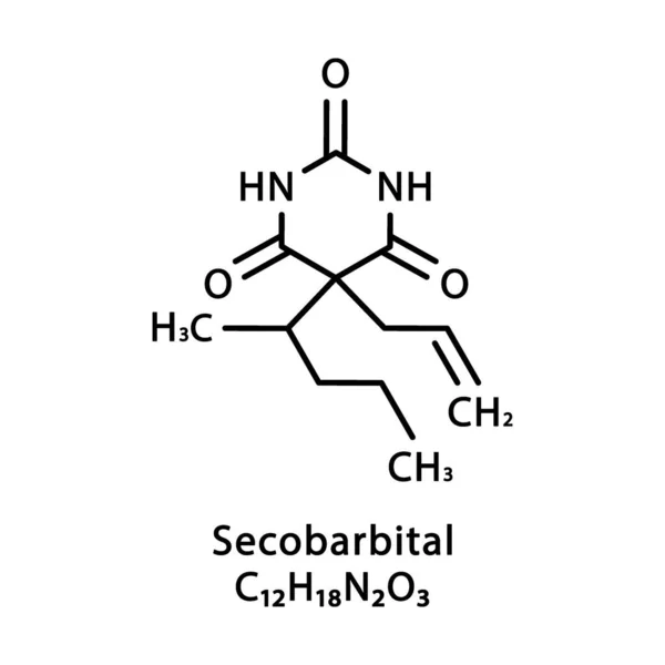 Секобарбитальная молекулярная структура. Секобарбитальная химическая формула скелета. Химическая молекулярная векторная иллюстрация — стоковый вектор