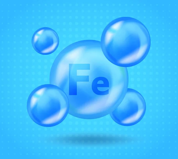 Realisztikus ásványi Fe Iron design. Vitamin komplex design szépség, kozmetikai, egészségügyi reklám. 3D Ásványi Fe Iron csepp tabletta kapszula. — Stock Vector