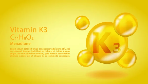 3D-vitamin molekula K3 Menadion design. Realisztikus K3 Menadione Vitamincsepp. Sárga táplálkozás komplex illusztráció. — Stock Vector