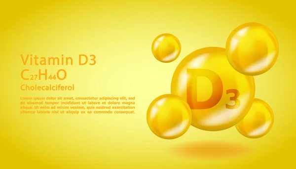 3Dビタミン分子D3分子シフェロールの設計.現実的なD3分子カリフェロールビタミンドロップ.黄栄養複合イラスト. — ストックベクタ