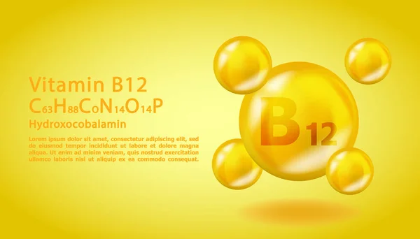 3D-vitamin molekula B12 cianokobalamin design. Realisztikus B12 cianokobalamin-vitamin csepp. Sárga táplálkozás komplex illusztráció. — Stock Vector