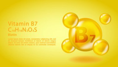 3 boyutlu vitamin molekülü B7 biyotin tasarımı. Gerçekçi B7 vitamin düşüşü. Sarı beslenme kompleksi çizimi.