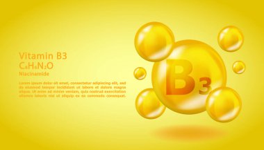 3 boyutlu vitamin molekülü B3 Niacinamide tasarımı. Gerçekçi B3 Niacinamide Vitamin Düşüşü. Sarı beslenme kompleksi çizimi.